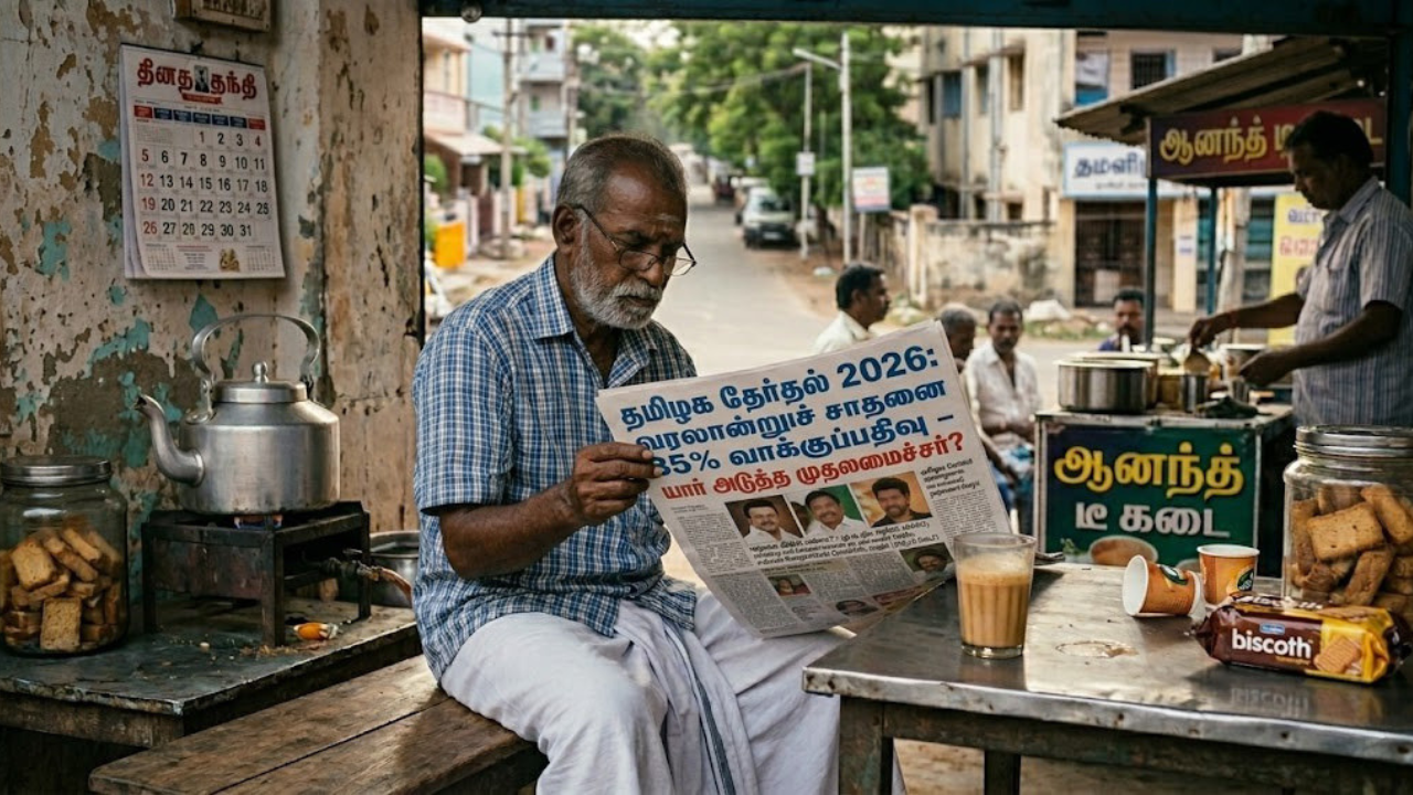 2026 தமிழக தேர்தல்: 85% வாக்குப்பதிவு சொல்லும் ரகசியம் என்ன? கோட்டையை ஆளப்போவது யார்? - ஒரு மெகா அலசல்! 9 "தமிழக தேர்தல் 2026: டீக்கடையில் அமர்ந்து 85 சதவீத வரலாற்றுச் சாதனை வாக்குப்பதிவு குறித்த செய்தித்தாளினை வாசிக்கும் பெரியவர் - 16:9 விகிதம்."