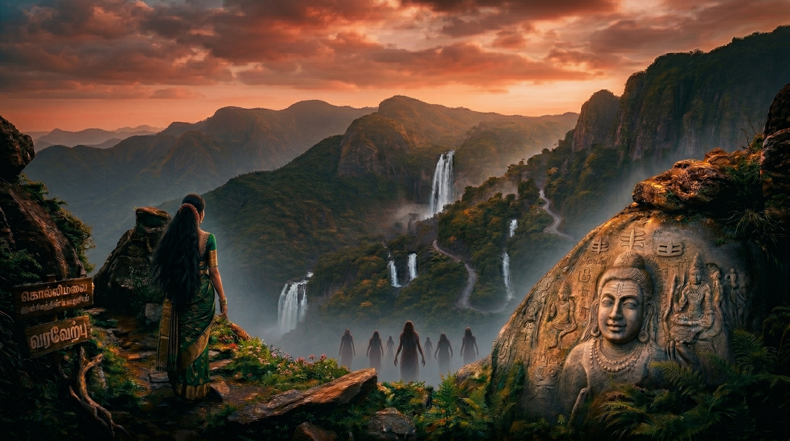 அடர்ந்த காடு மற்றும் ஆகாய கங்கை அருவியின் பின்னணியில் மர்மமாக நிற்கும் கொல்லிப்பாவை பெண் - இரவு நேரக் காட்சி.