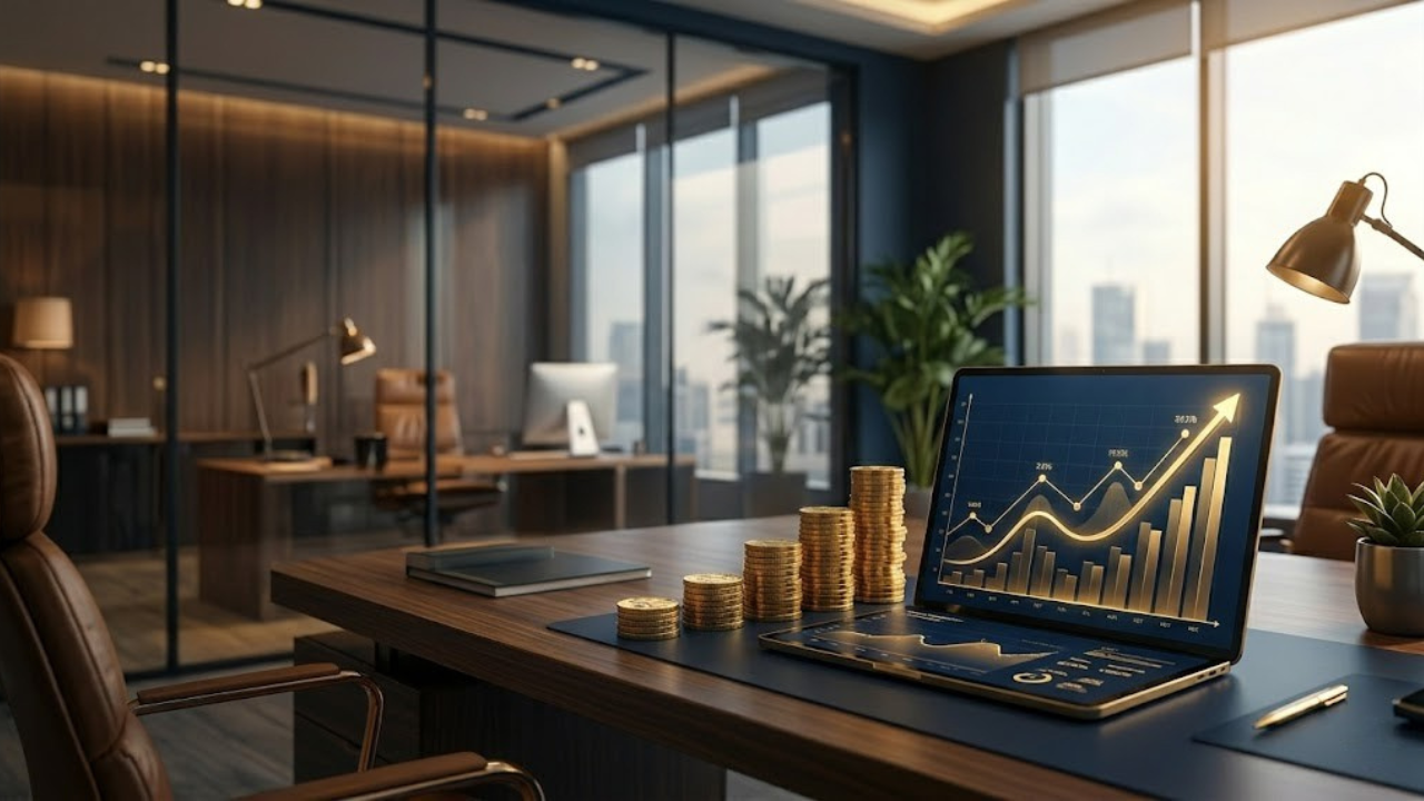 Professional office desk featuring stacked gold coins and a laptop displaying financial growth charts and investment analytics.