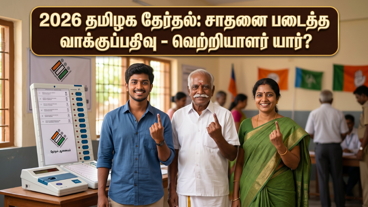 2026 தமிழக சட்டமன்றத் தேர்தலில் வாக்களித்த பிறகு விரலில் மை அடையாளத்துடன் நிற்கும் இளைஞர், முதியவர் மற்றும் பெண் - பின்னணியில் மின்னணு வாக்குப்பதிவு இயந்திரம்.