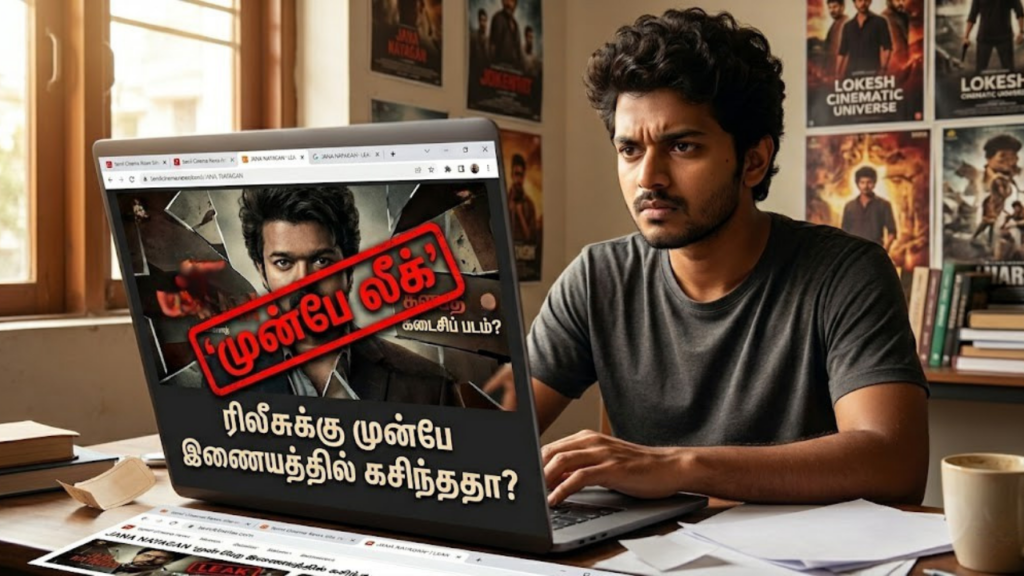 Indian fan shocked looking at Jana Nayagan movie leak on laptop with Thalapathy 69 posters in background.